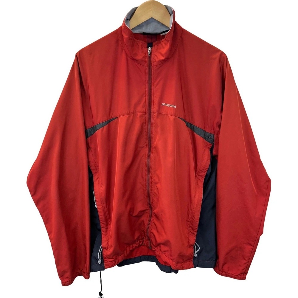Patagonia Mens Large Full Zip Windbreaker Jacket Red Navy Blue Lightweight Mesh